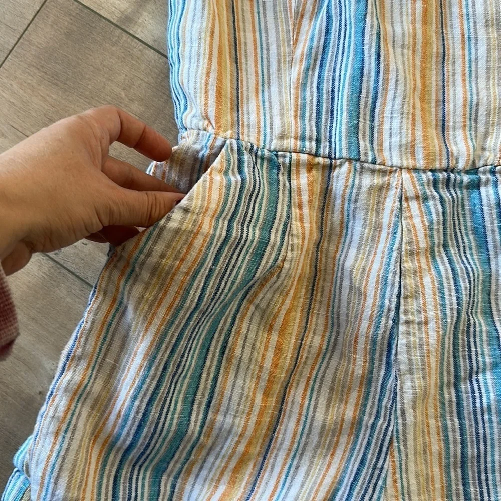 Reformation Island Linen Romper in Marbella Striped Multi Color Size 4